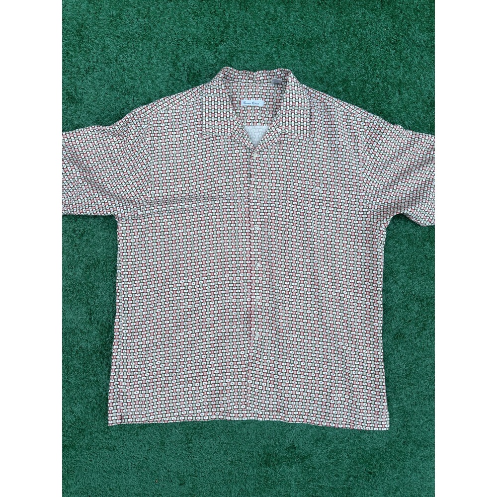 Burma Bibas Mens XL Silk Short Sleeve Button Down Shirt Geometric Print Camp